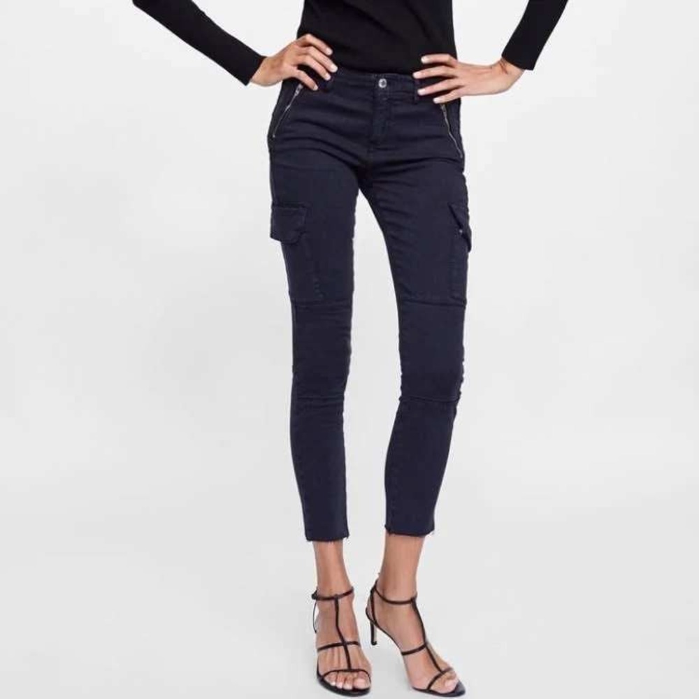 Zara Women Black Cargo Skinny Jeans Cotton Stretch Zipper Ankle Size 30